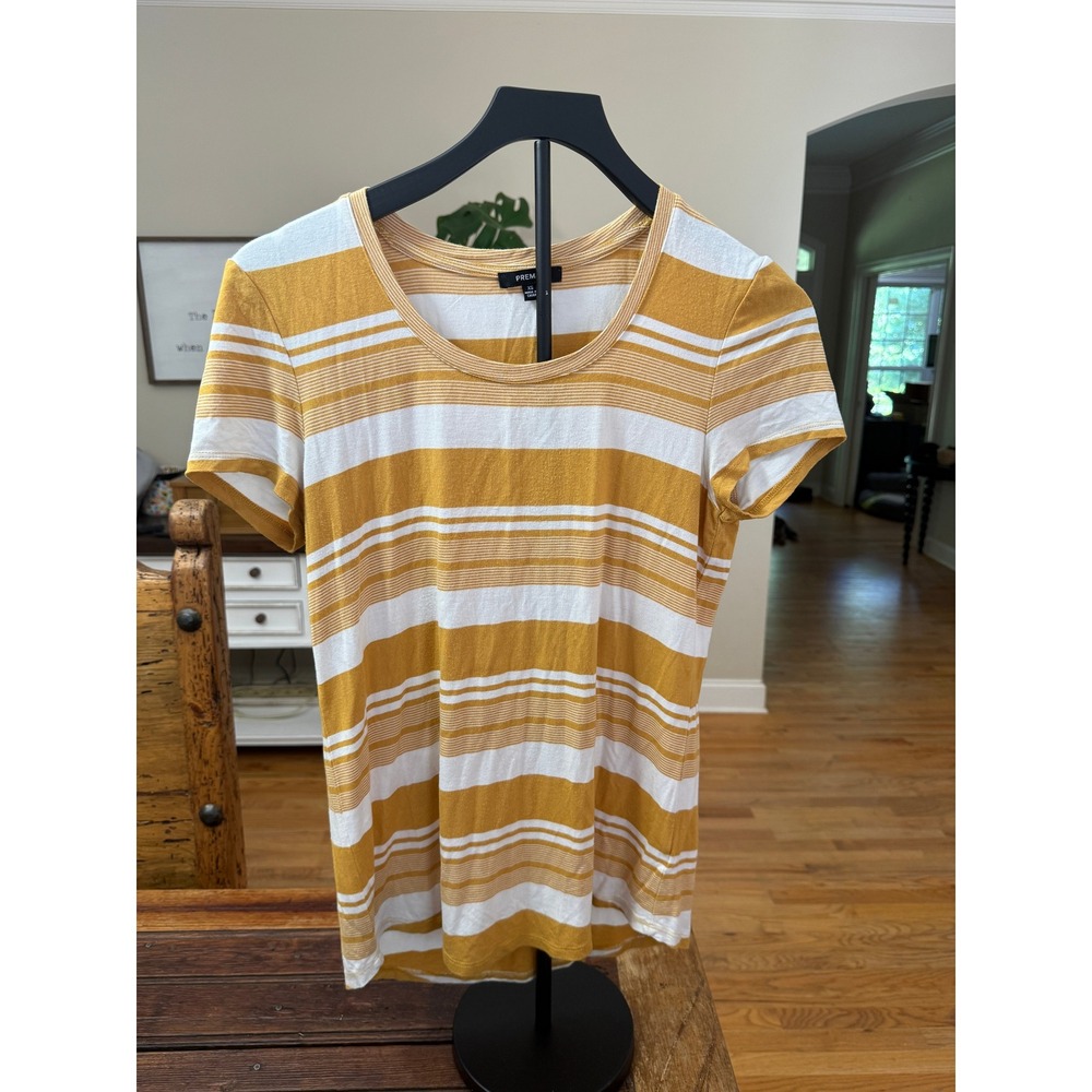 Premise Womens XS Mustard Yellow White Striped Scoop Neck Short Sleeve Top